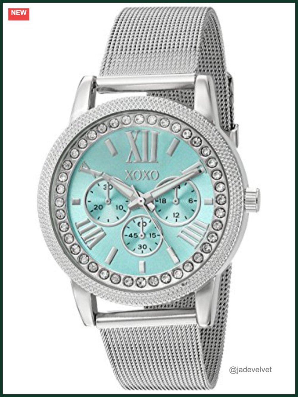 Silver-Tone Analog Watch with Crystal Bezel and Aqua Blue Dial, Mesh Band Dress